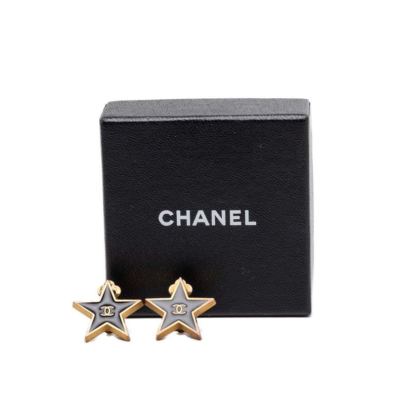 Chanel CC Logo Star Motif Earrings 01 Black Gold Plated — view 4