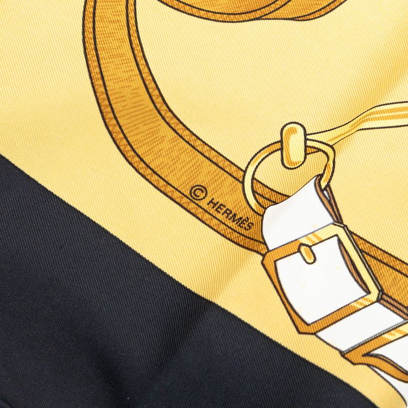 Hermes Carre 90 Eperon D'or Yellow Scarf Black Gold Silk — view 4