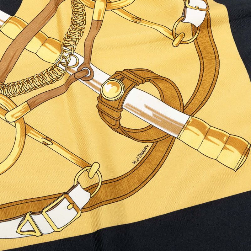 Hermes Carre 90 Eperon D'or Yellow Scarf Black Gold Silk — view 7