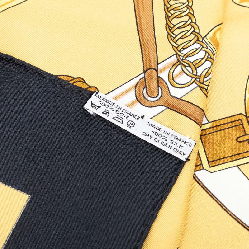 Hermes Carre 90 Eperon D'or Yellow Scarf Black Gold Silk — view 8
