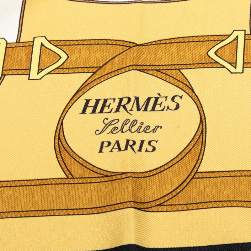 Hermes Carre 90 Eperon D'or Yellow Scarf Black Gold Silk — view 3