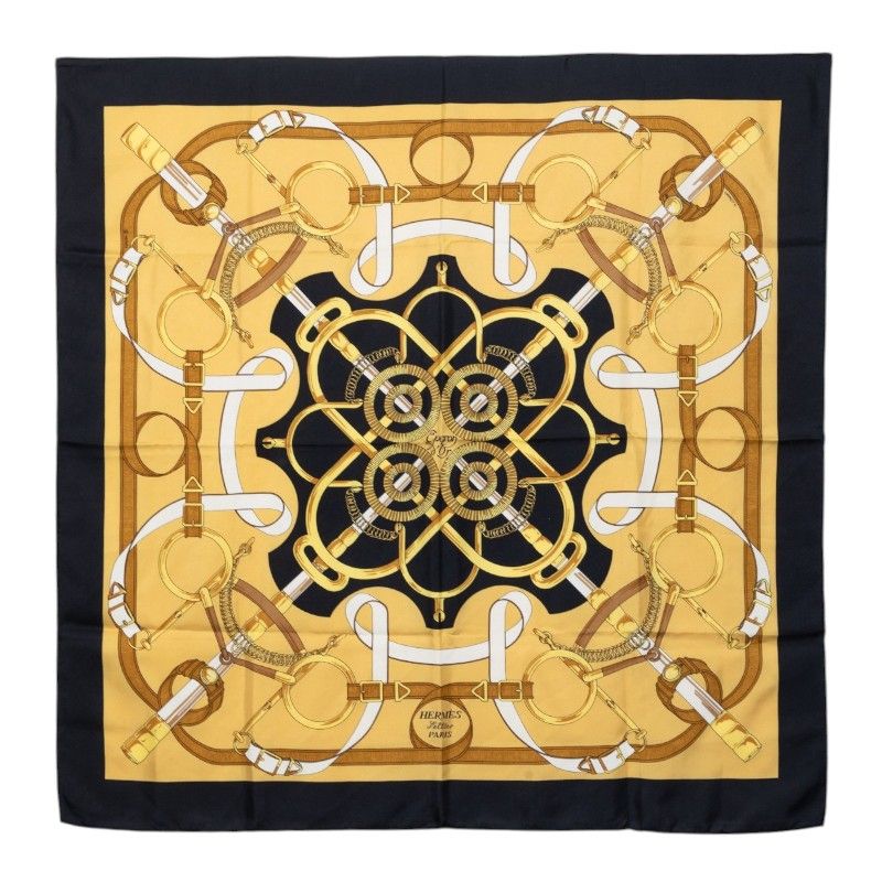 Hermes Carre 90 Eperon D'or Yellow Scarf Black Gold Silk
