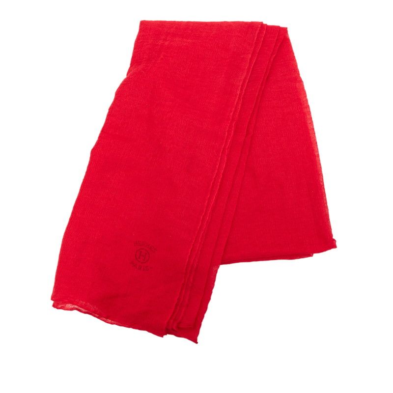 Hermes Logo Scarf Shawl Red Cashmere Silk