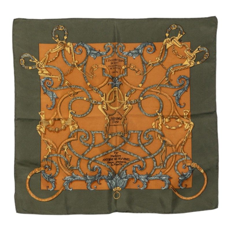 Hermes Carre 40 L'instruction Duroy Scarf Khaki Brown Silk