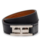 Hermes Double Tour Strand Bracelet T1 Black Silver Leather