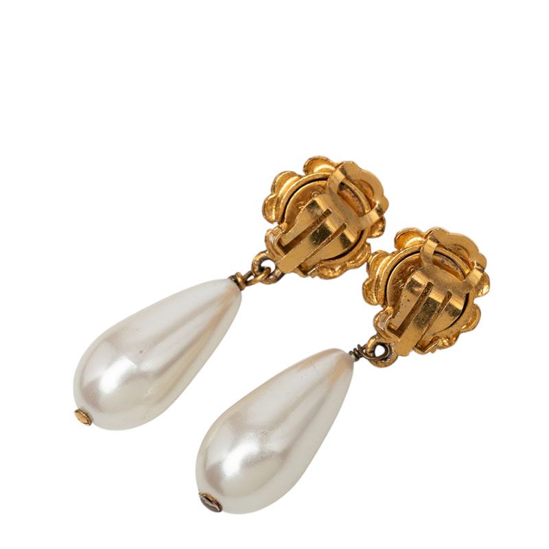 Chanel Camellia Vintage Swing Earrings 93 Gold White Plated Faux Pearl — view 2