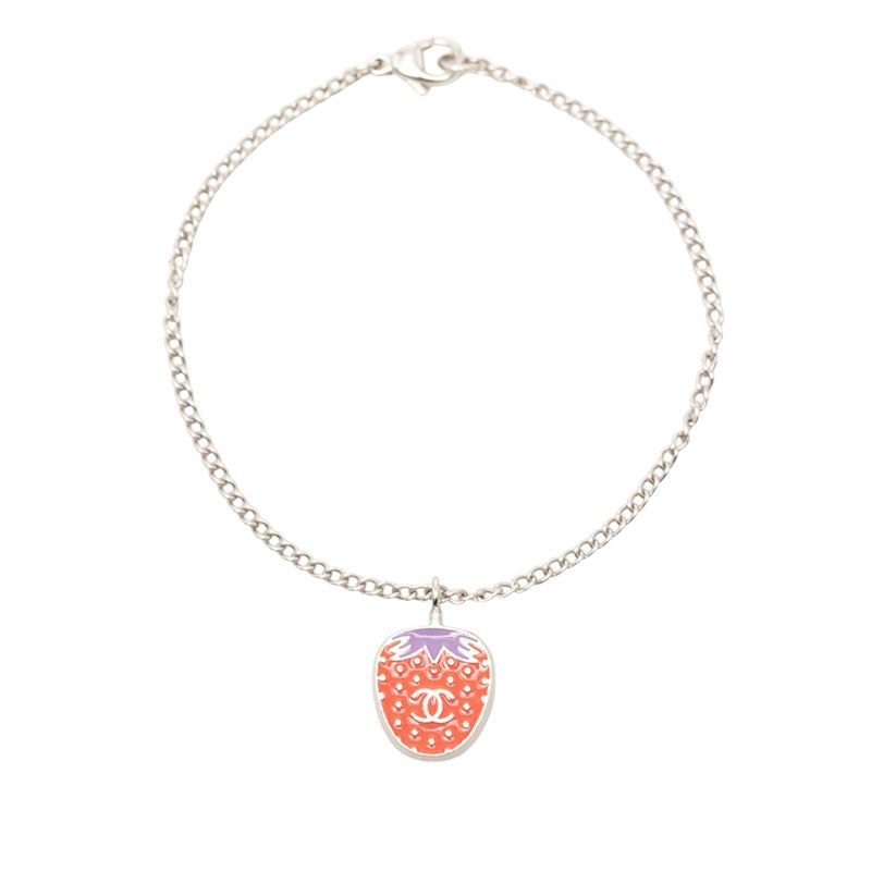 Chanel CC Logo Strawberry Motif Chain Bracelet Silver Pink Purple Metal