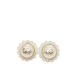 Chanel CC Logo Flower Motif Round Stud Earrings 15 White Faux Pearl Plated