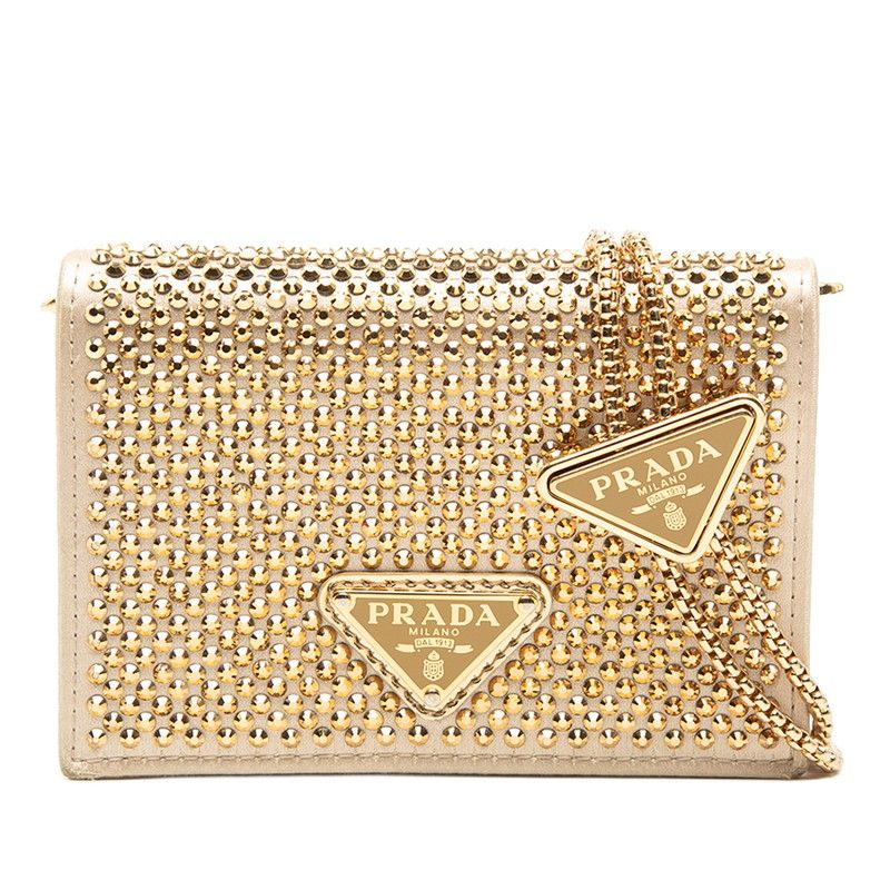 Prada Mini Chain Shoulder Bag Gold Beige Satin Crystal Leather
