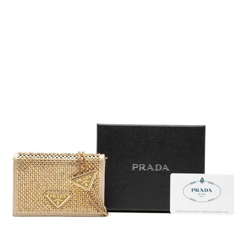 Prada Mini Chain Shoulder Bag Gold Beige Satin Crystal Leather — view 9