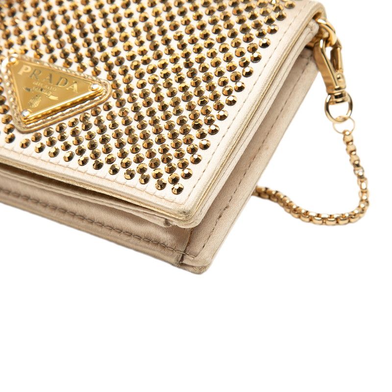 Prada Mini Chain Shoulder Bag Gold Beige Satin Crystal Leather — view 4