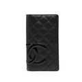 Chanel Cambon Line Quilted CC Logo Long Bifold Wallet Black Pink Leather Enamel