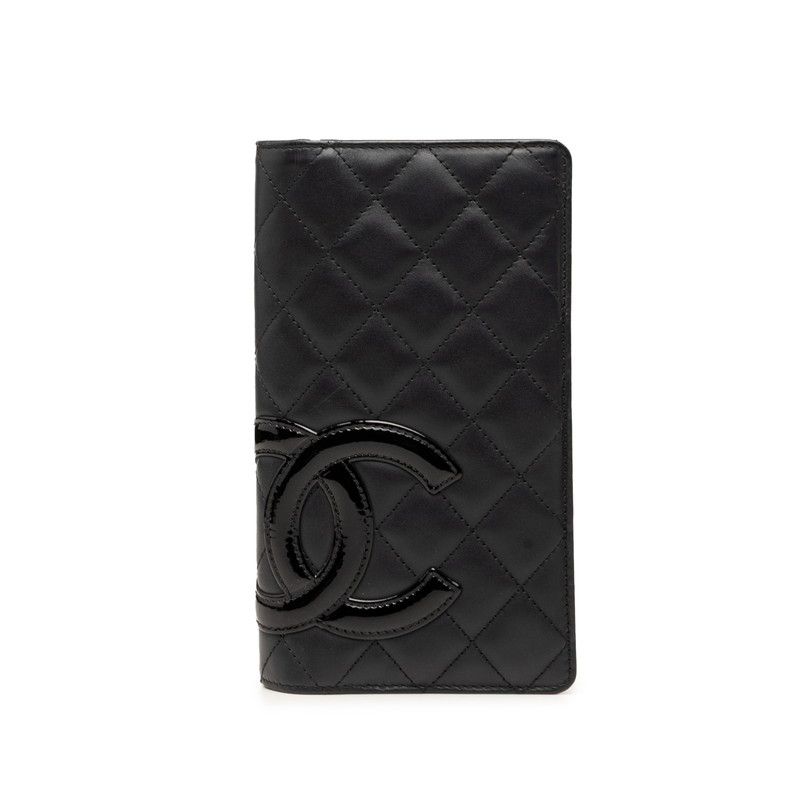 Chanel Cambon Line Quilted CC Logo Long Bifold Wallet Black Pink Leather Enamel