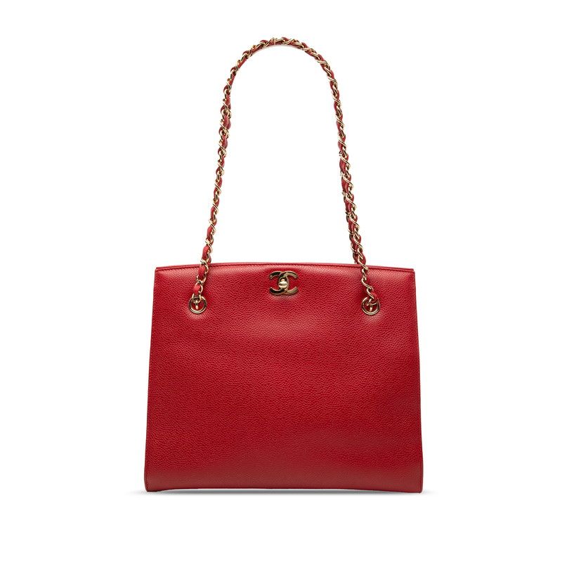 Chanel CC Logo Chain Shoulder Bag Tote Red Caviar Leather