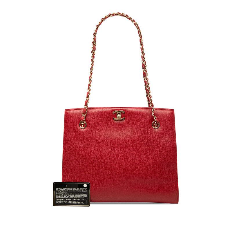 Chanel CC Logo Chain Shoulder Bag Tote Red Caviar Leather — view 7