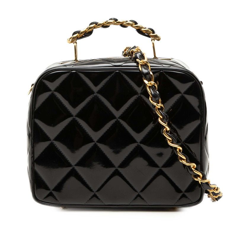 Chanel Quilted Chain Shoulder Bag 2-Way Black Patent Leather