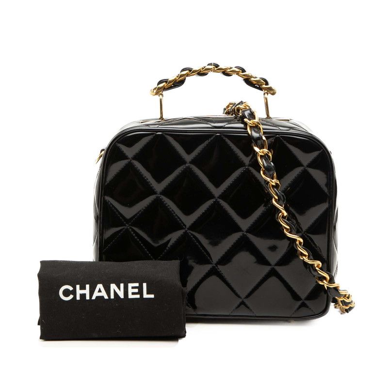 Chanel Quilted Chain Shoulder Bag 2-Way Black Patent Leather — view 7
