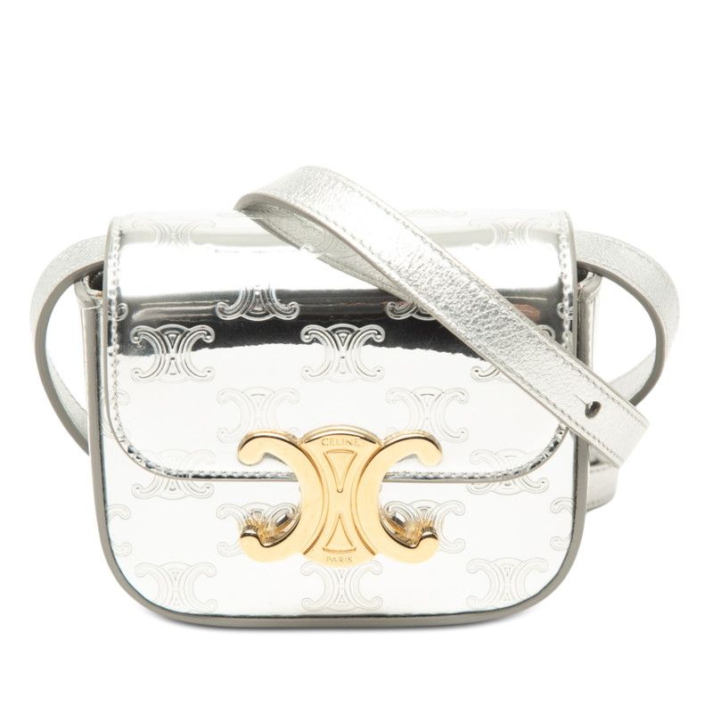 Celine Triomphe Mini Clutch Crossbody Shoulder Bag Pochette Silver Patent