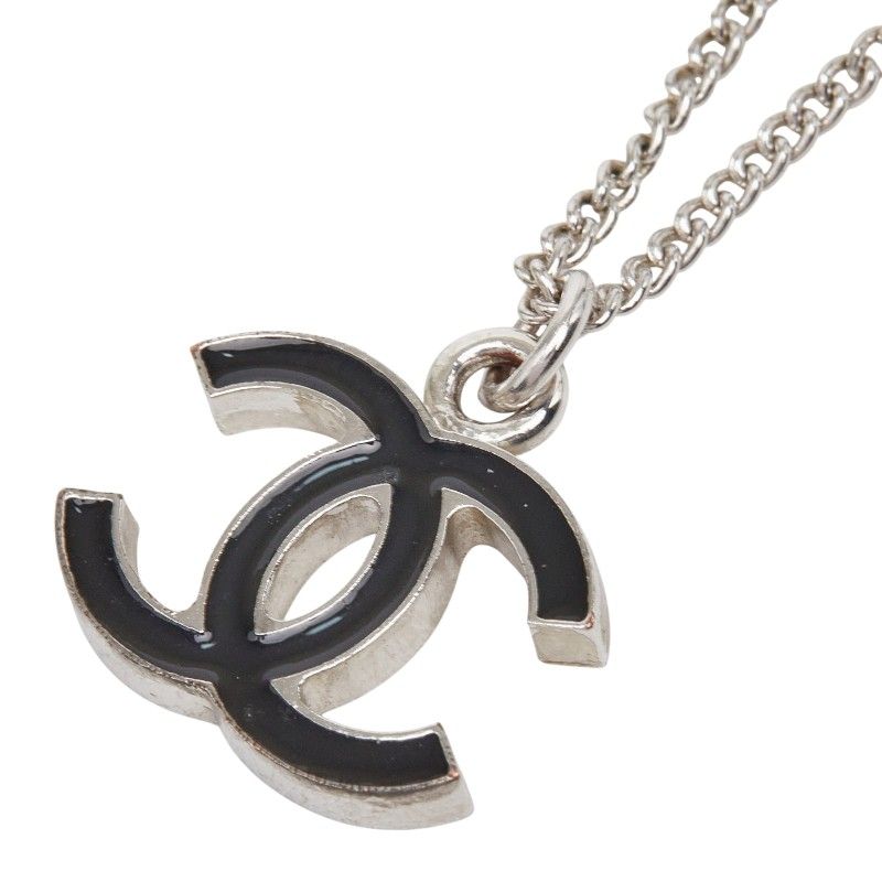 Chanel CC Logo Necklace Silver and Black Metal