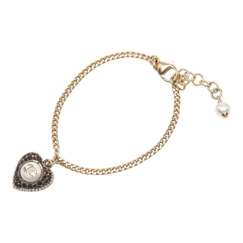 Chanel CC Logo Heart Motif Bracelet Gold and Black Plated Faux Pearls and