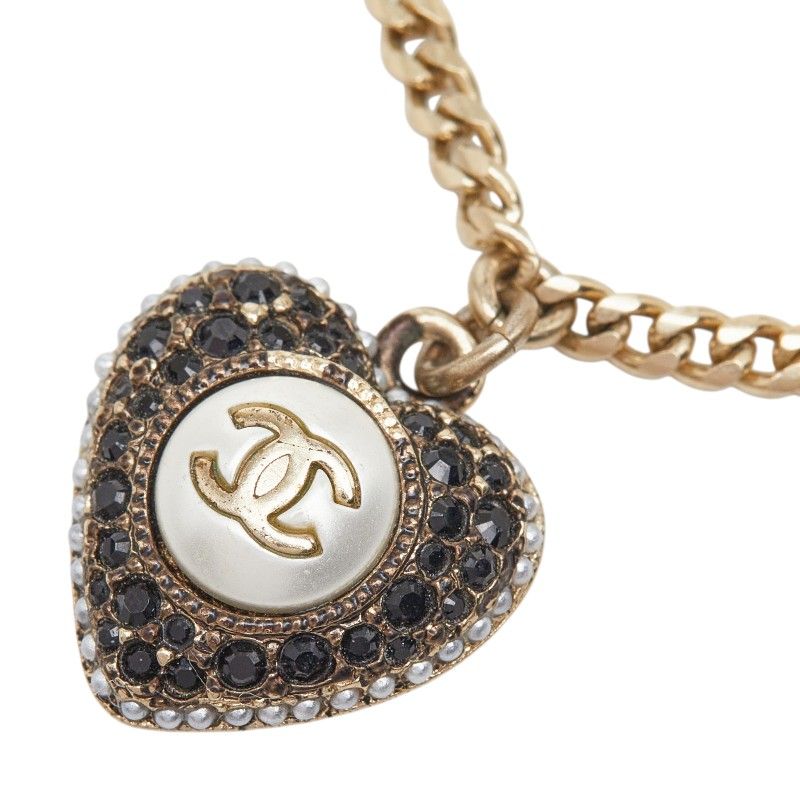 Chanel CC Logo Heart Motif Bracelet Gold and Black Plated Faux Pearls and — view 3