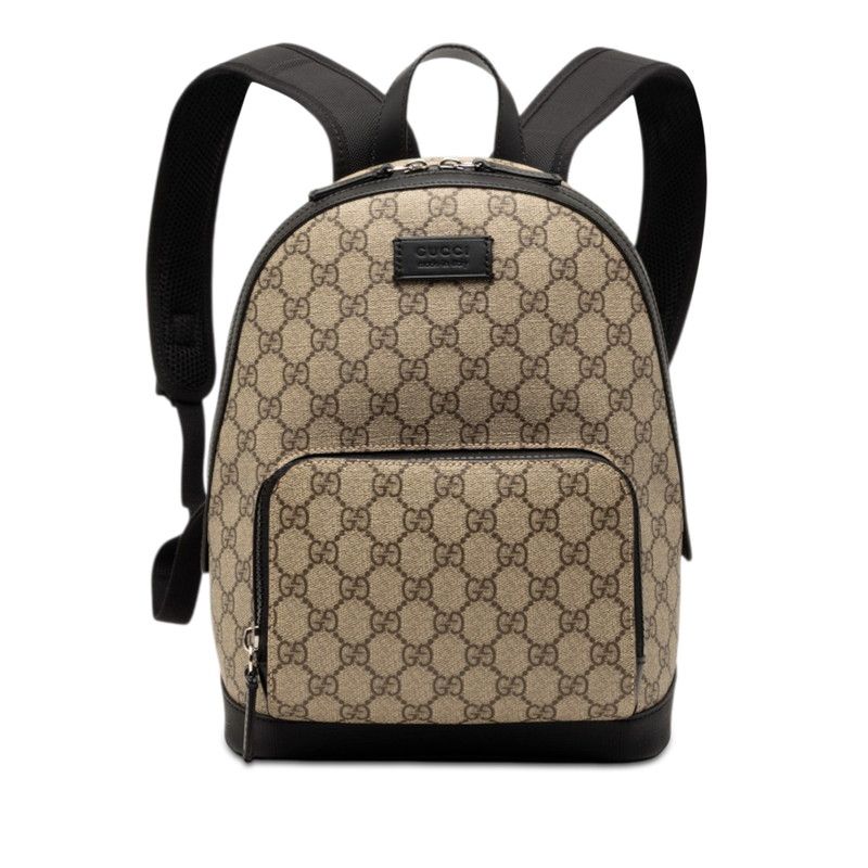 Gucci GG Supreme Backpack Beige Black Leather