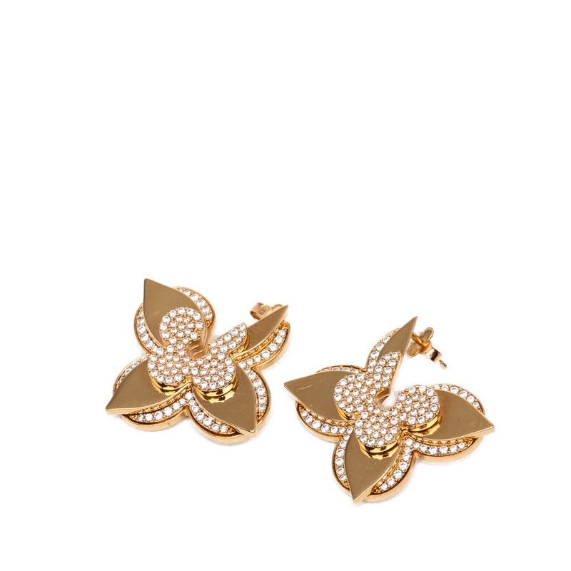 Louis Vuitton Monogram Flower LV Medallion Earrings Gold Plated Rhinestone