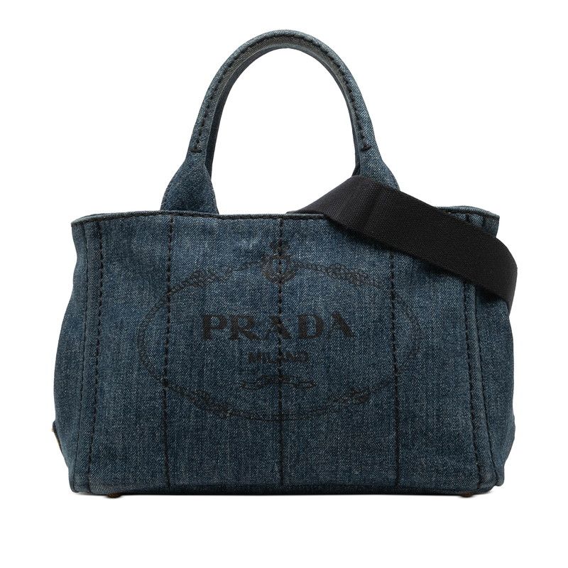 Prada Canapa Triangular Tote Shoulder Bag 2-Way Blue Denim