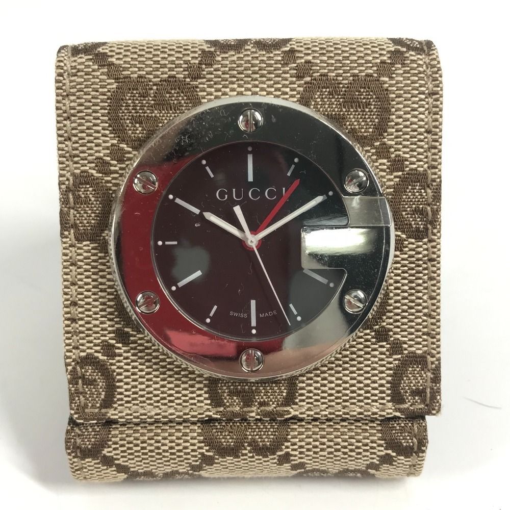 Gucci Table Clock Travel GG Canvas Leather Beige