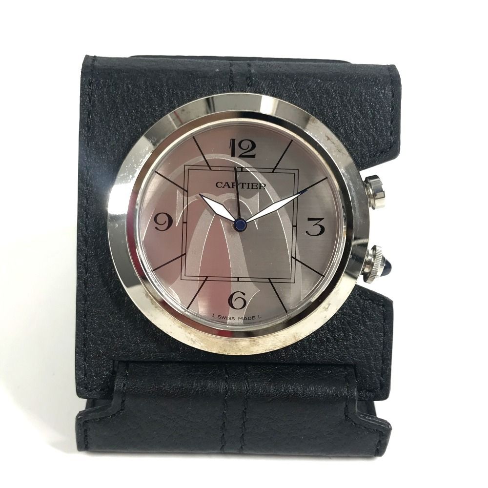 Gucci Table Clock Travel Leather Silver