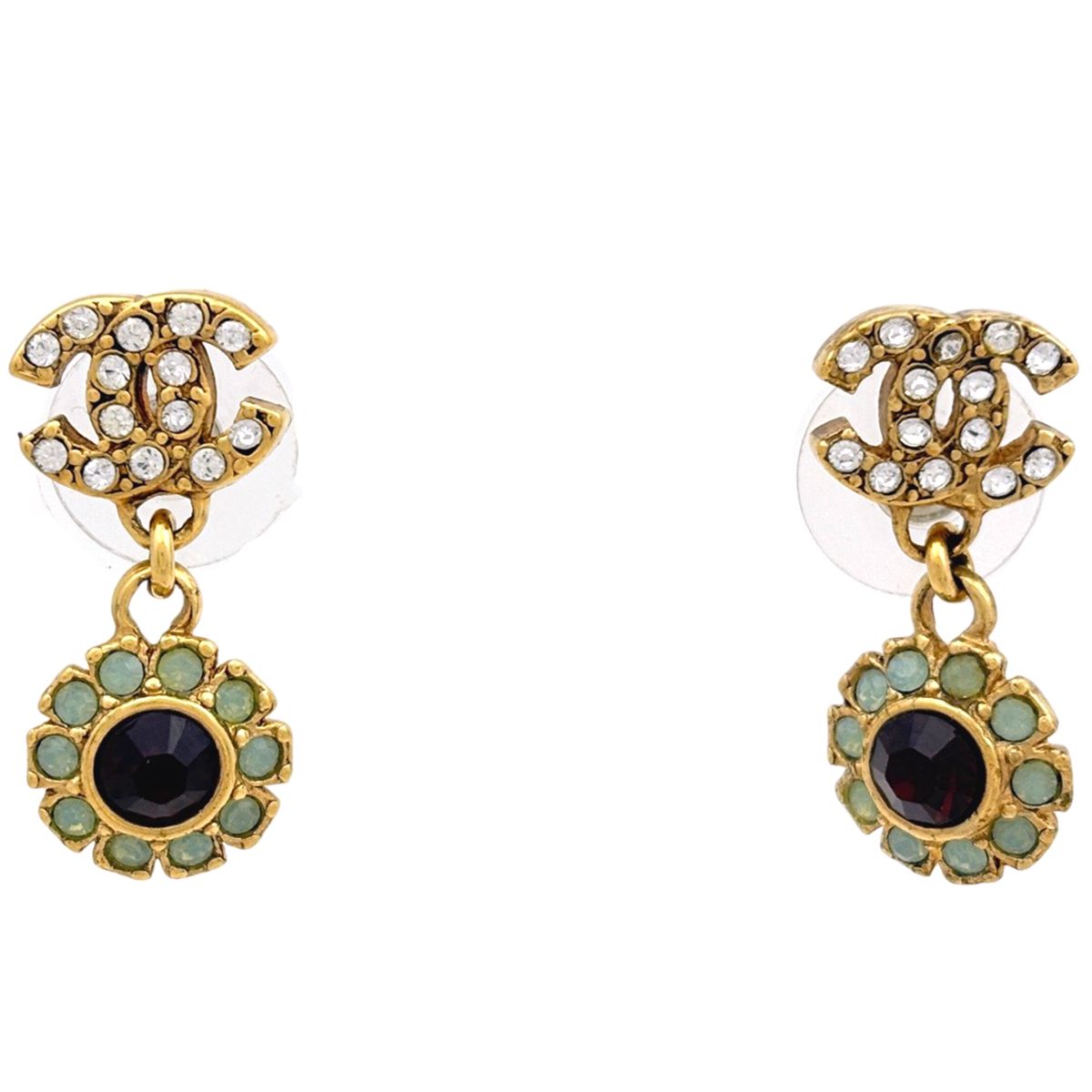 Chanel CC Logo Rhinestone Earrings Gold Plated