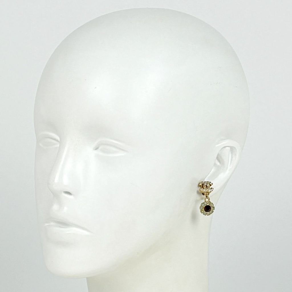 Chanel CC Logo Rhinestone Earrings Gold Plated — view 5