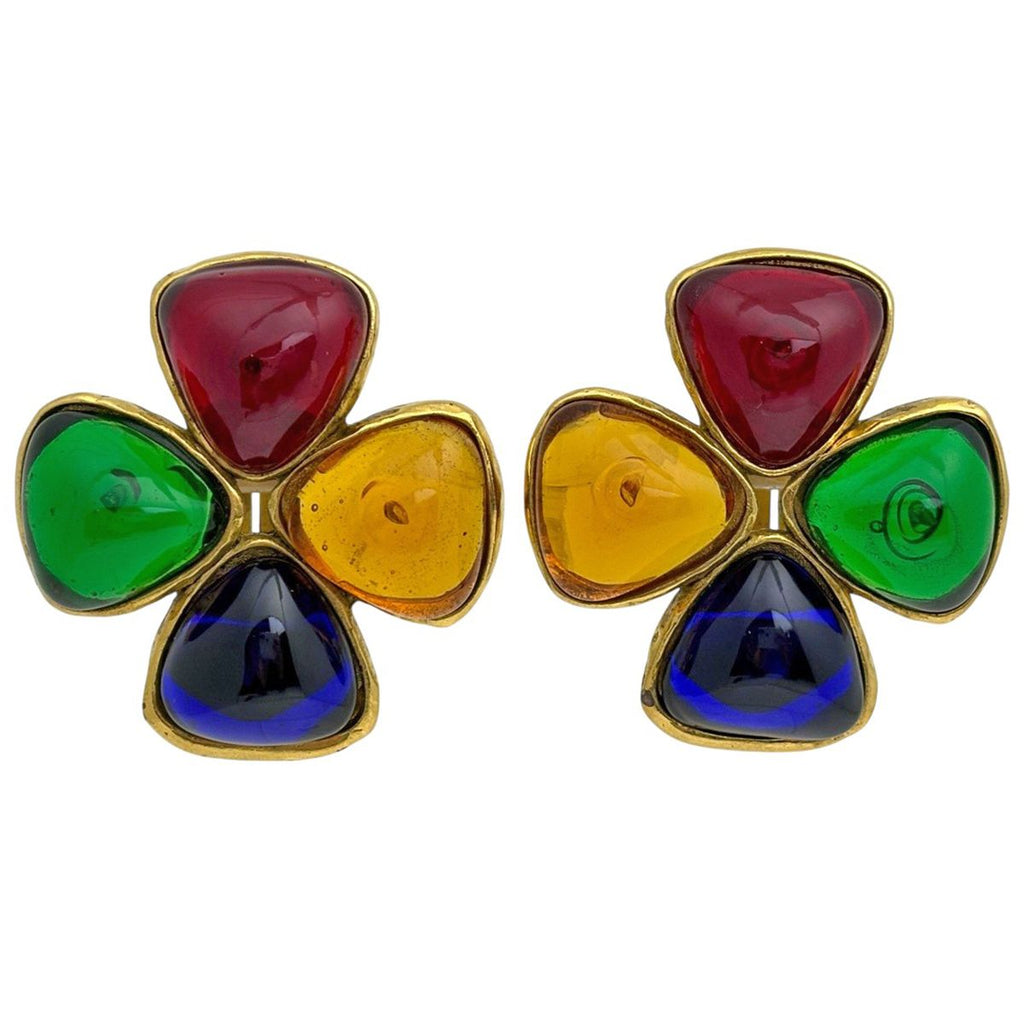 Chanel CC Logo Color Stone Earrings Gripoix Gold Plated Multicolor