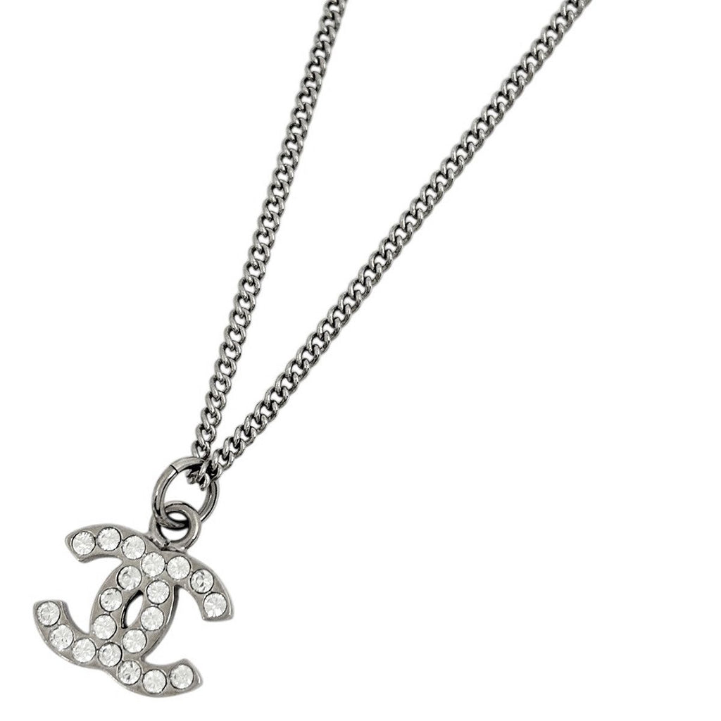 Chanel CC Logo Rhinestone Necklace CC Mark Silver Plated