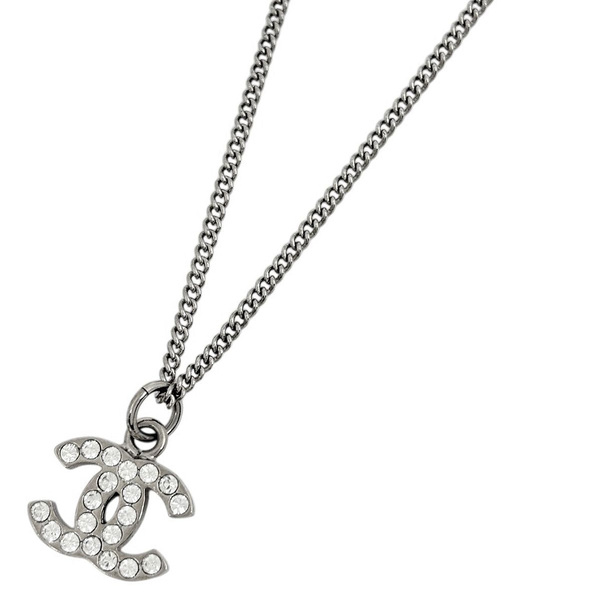 Chanel CC Logo Rhinestone Necklace CC Mark Silver Plated
