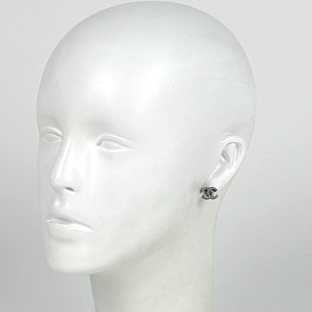 Chanel CC Logo Rhinestone Earrings Silver Plated — view 5