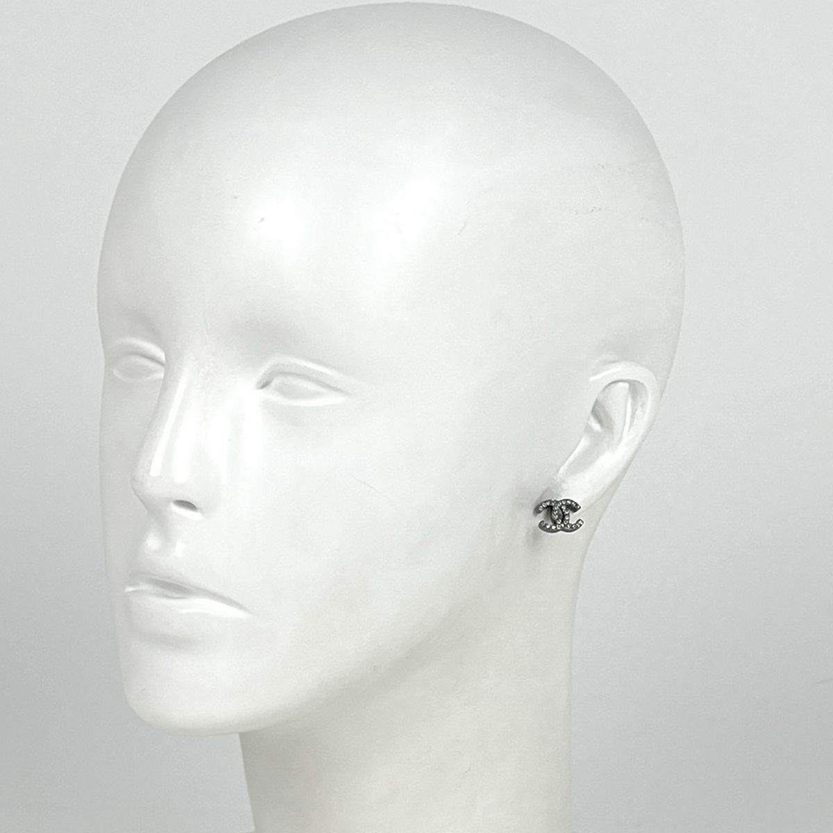 Chanel CC Logo Rhinestone Earrings Silver Plated — view 5