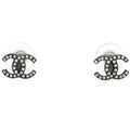 Chanel CC Logo Rhinestone Earrings Silver Plated