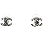 Chanel CC Logo Rhinestone Earrings Silver Plated