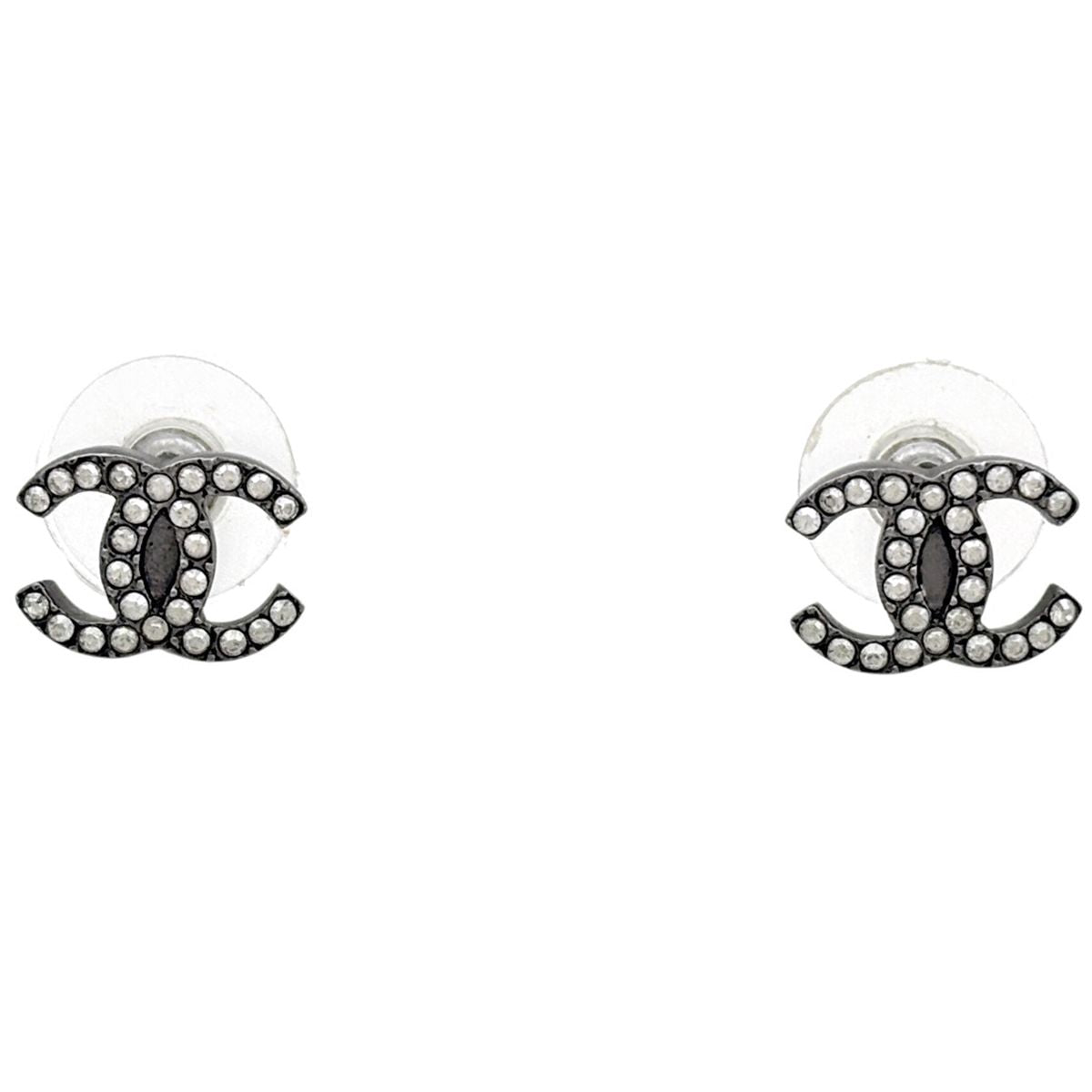 Chanel CC Logo Rhinestone Earrings Silver Plated