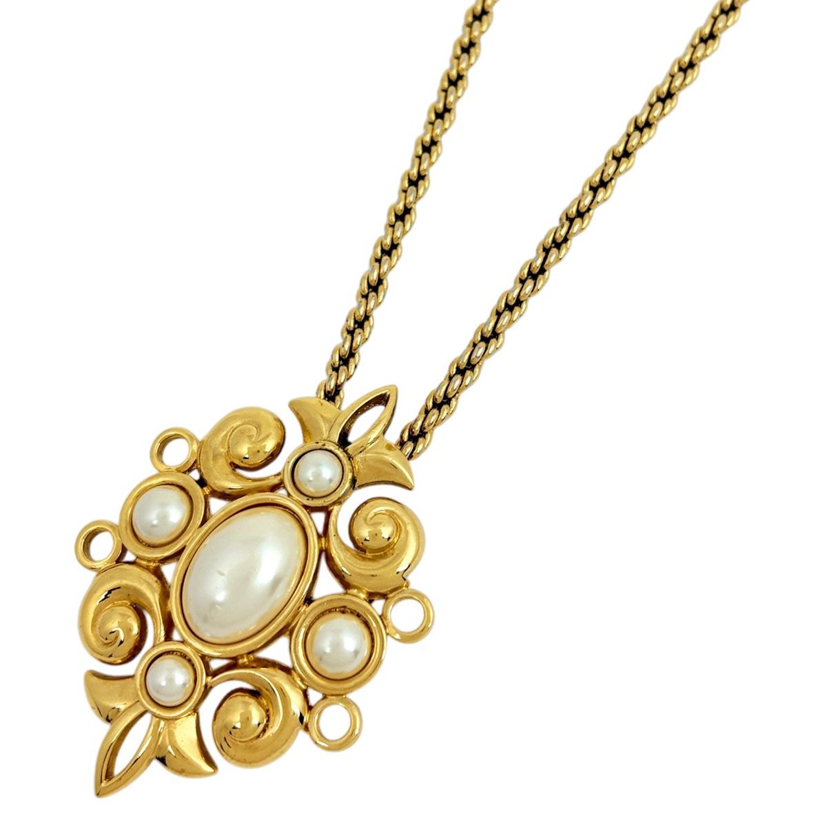 Dior Faux Pearl Chain Necklace Brooch 2-Way Gold Plated