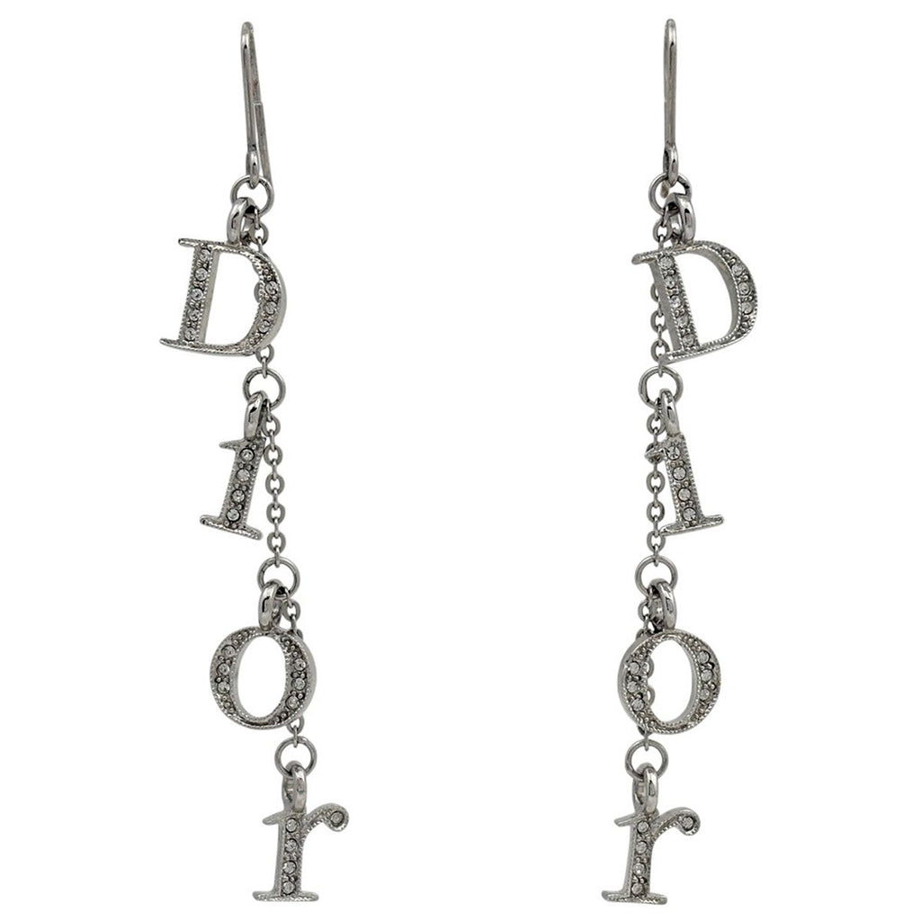 Dior Logo Rhinestone Earrings Swing Silver Plated