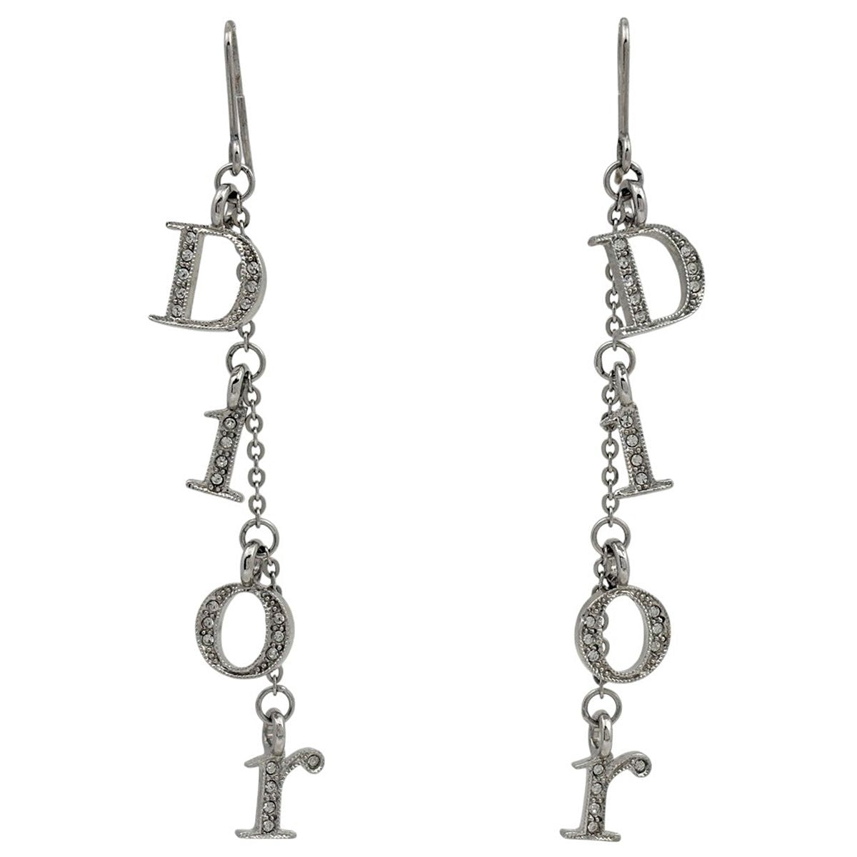 Dior Logo Rhinestone Earrings Swing Silver Plated