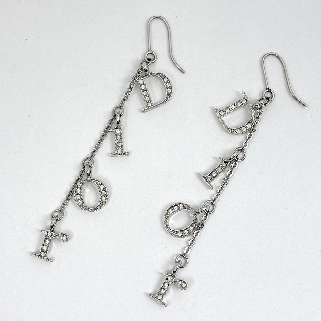 Dior Logo Rhinestone Earrings Swing Silver Plated — view 3