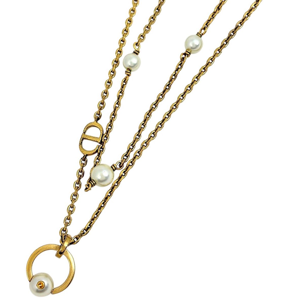 Dior Logo Faux Pearl Necklace Double Strand Gold Plated