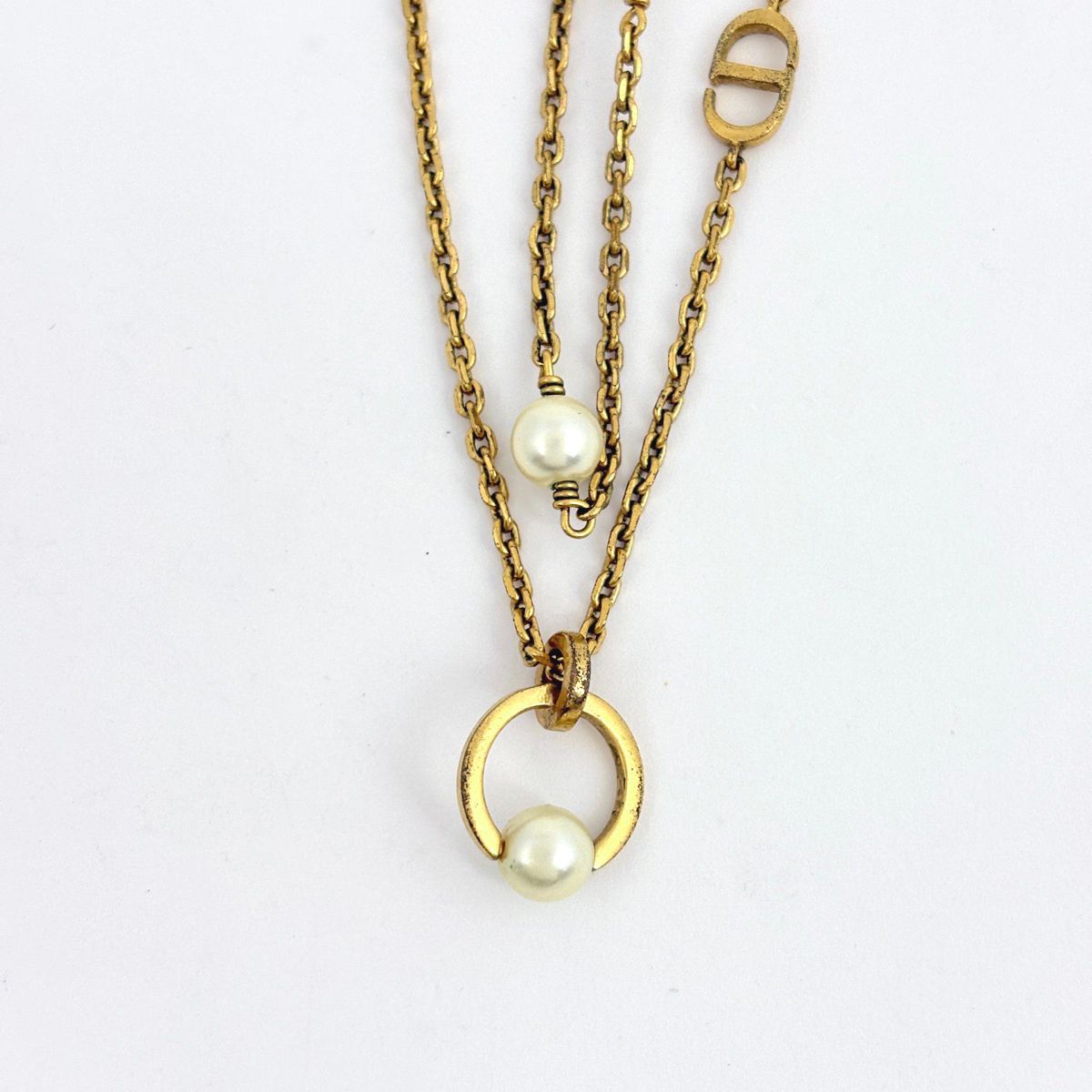 Dior Logo Faux Pearl Necklace Double Strand Gold Plated — view 2