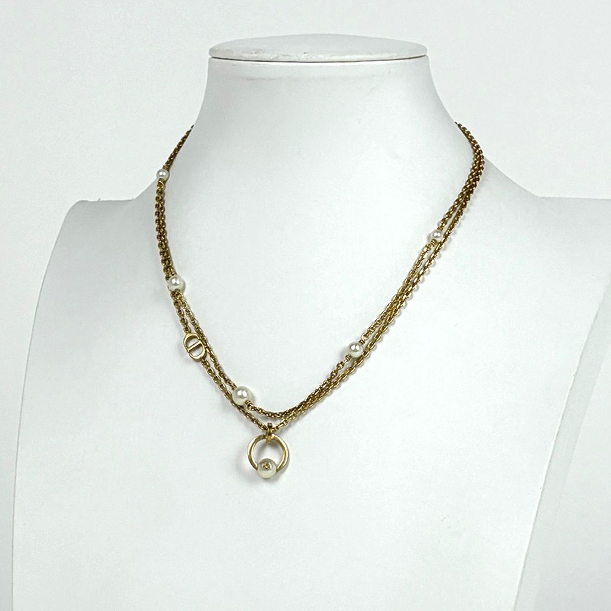 Dior Logo Faux Pearl Necklace Double Strand Gold Plated — view 4