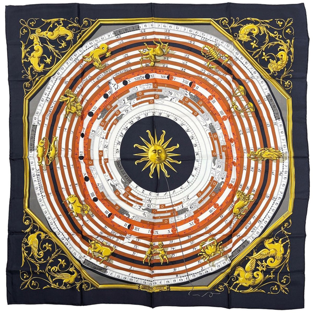 Hermes Carre 90 Dies Et Hore Astrology Sun Scarf Silk Black White Brown