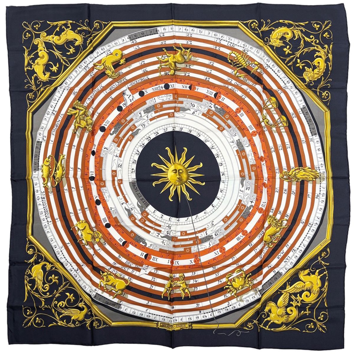 Hermes Carre 90 Dies Et Hore Astrology Sun Scarf Silk Black White Brown