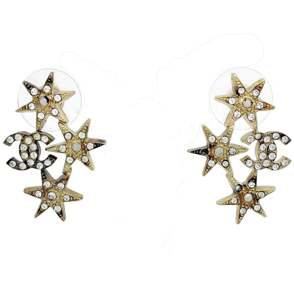 Chanel CC Logo Rhinestone Earrings Gold Plated